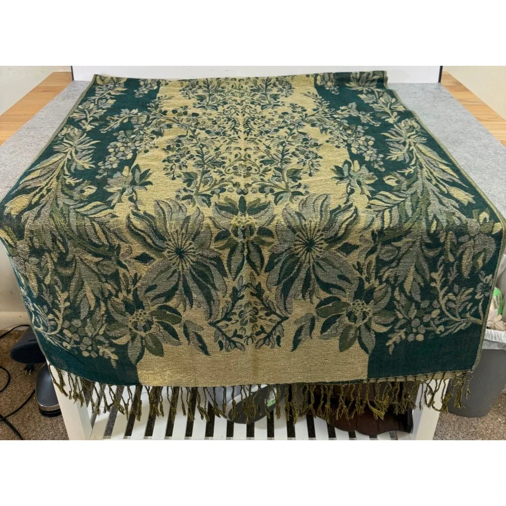 Vintage Floral Tapestry Scarf Table Runner Green Gold Damask Woven Fringe Large